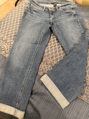 White House Black Market Women's Straight Leg Blue Jeans with Cuffed Hem
